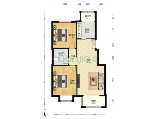 紫贵庄园 2室1厅1卫 92平方