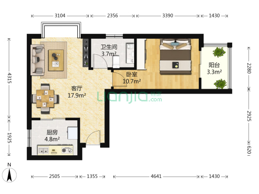 和平丽景 1室1厅1卫 55平方