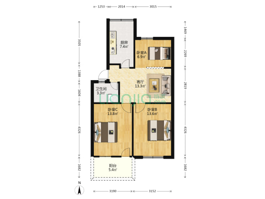 阳光新村 3室1厅1卫 75平方