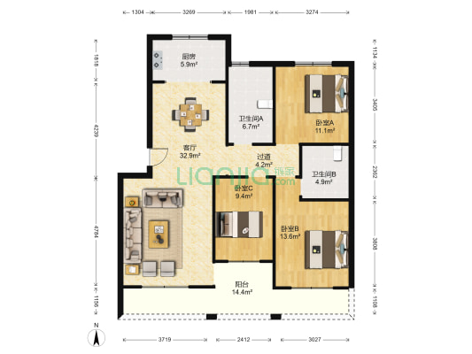 家和苑 3室1厅2卫 112平方
