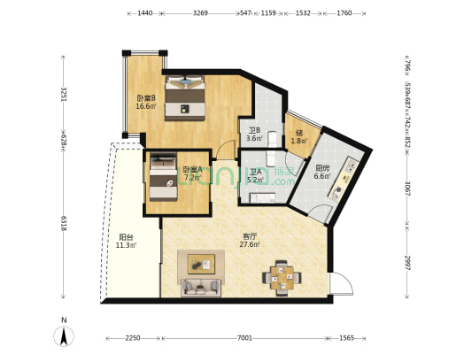 鸿洲时代海岸 2室1厅2卫 97平方