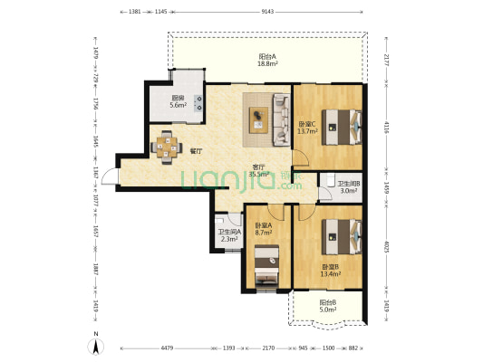 华林上景 3室1厅2卫 117平方