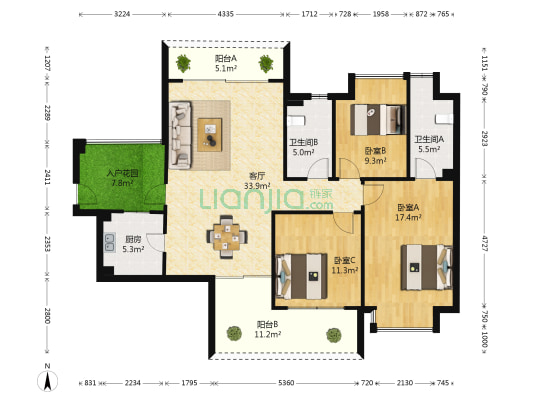 保利公园198玫瑰郡 3室1厅2卫 106平方