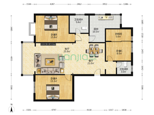 银雁家园 3室2厅2卫 142平方