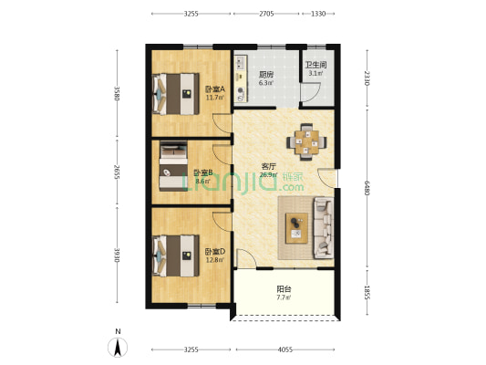 荔兴苑 3室1厅1卫 96平方