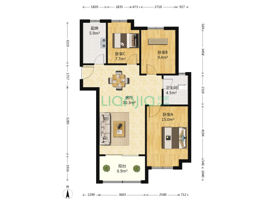 万达临湖苑B区 3室1厅1卫 94平方