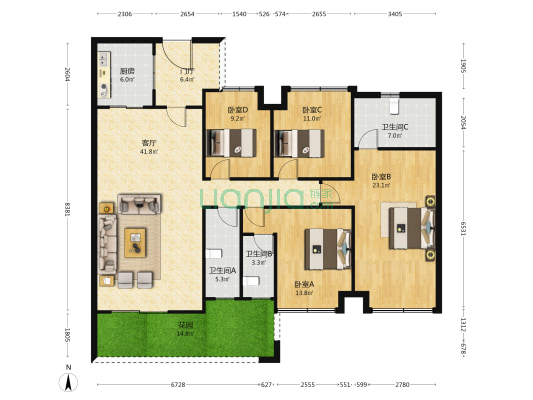 清新凯旋门 4室1厅3卫 163平方