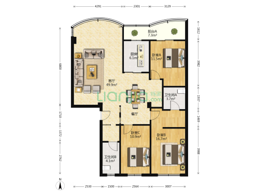 芙蓉苑五期 3室1厅2卫 136平方