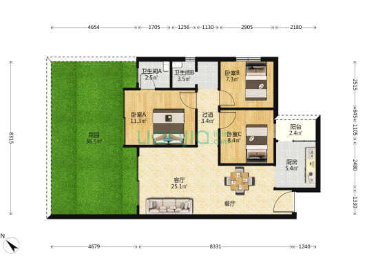 玫瑰·南湖湾 3室1厅2卫 94平方