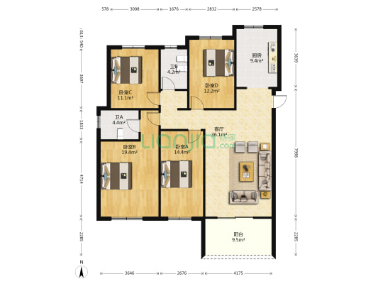 众信新安府 4室1厅2卫 125平方