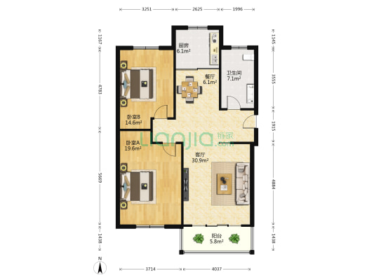 时代名都 2室2厅1卫 107平方