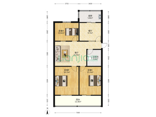 鑫湖花园 3室2厅1卫 112平方