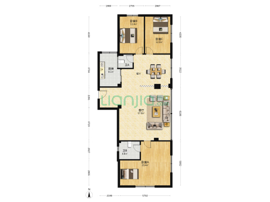 城市花园宝怡阁 3室1厅2卫 135平方