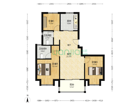 金隅外滩东岸 3室1厅2卫 98平方