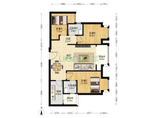 海成天生天城D区 3室1厅2卫 85平方