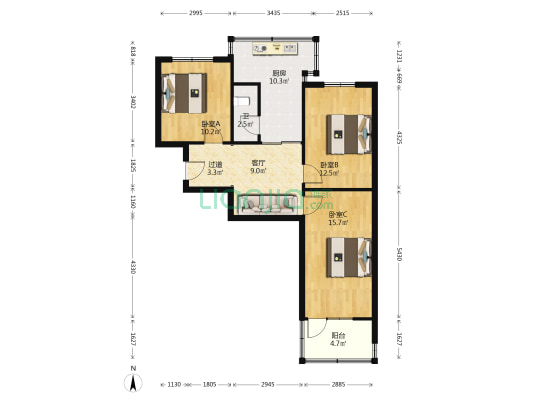 西建街16号院 3室1厅1卫 90平方