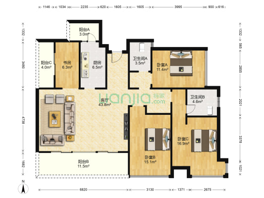 万达华府 4室1厅2卫 144平方