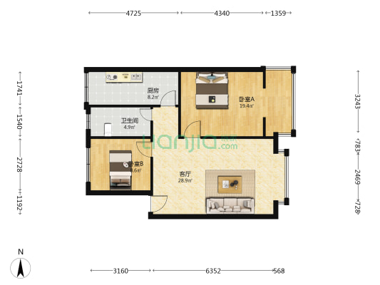 房湖秀色 2室1厅1卫 80平方
