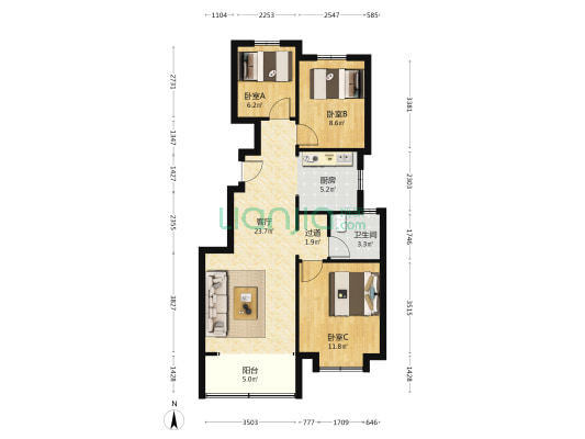 北京佳兆业悦峰风和苑 3室1厅1卫 90平方