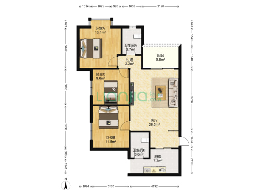 湖榕锦苑 3室1厅2卫 105平方