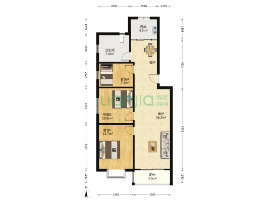 文景花园 3室1厅1卫 104平方