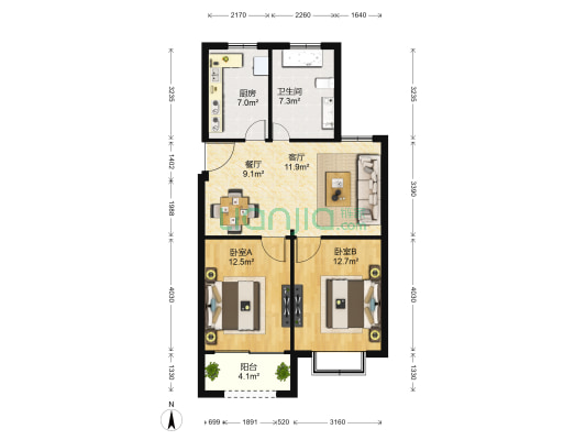 大桥新村 2室2厅1卫 85平方