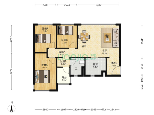 中海汇德里 3室1厅1卫 89平方