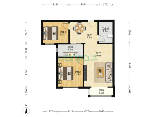 恒华安纳湖北区 2室2厅1卫 90平方