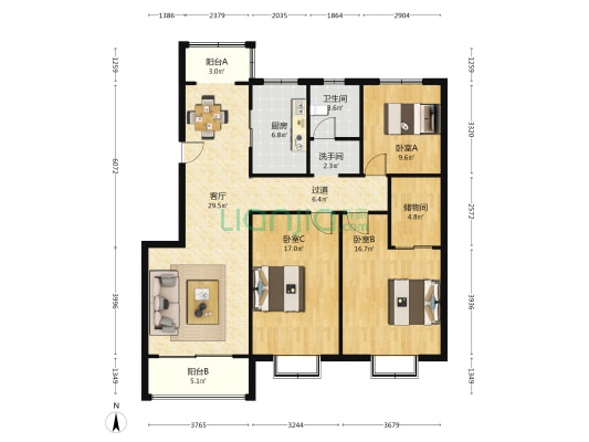 汇杰花苑 3室1厅2卫 136平方