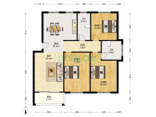 凝溪花苑 3室1厅2卫 125平方