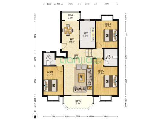 怡景苑 3室2厅2卫 124平方