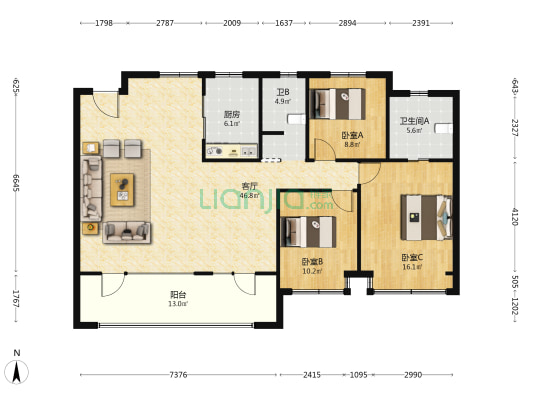金基嘉玥 3室1厅2卫 143平方