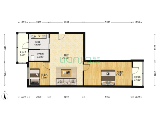 德增小区 2室1厅1卫 90平方