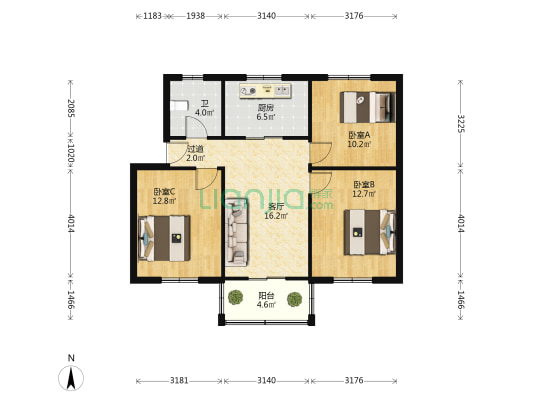 干河滩 3室1厅1卫 84平方