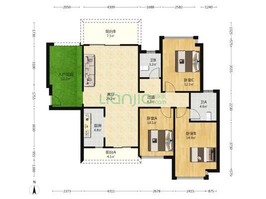 惠福家园 3室1厅2卫 128平方