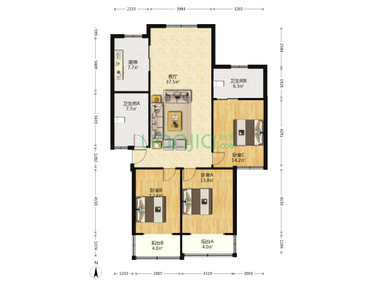 中银小区 3室1厅2卫 125平方