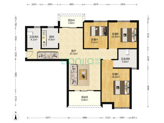 长江鑫都A区 3室1厅2卫 118平方