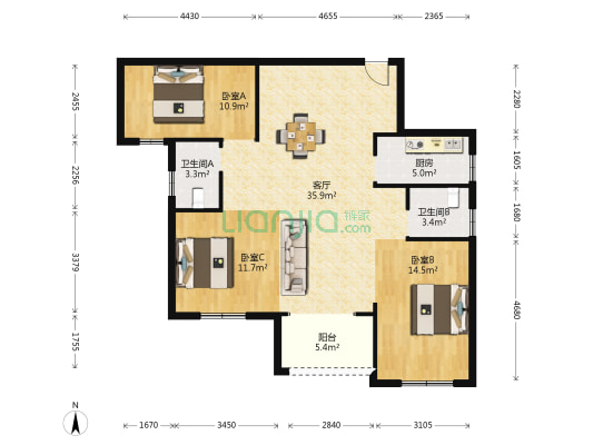昆仑东湖一号二期 3室1厅2卫 111平方