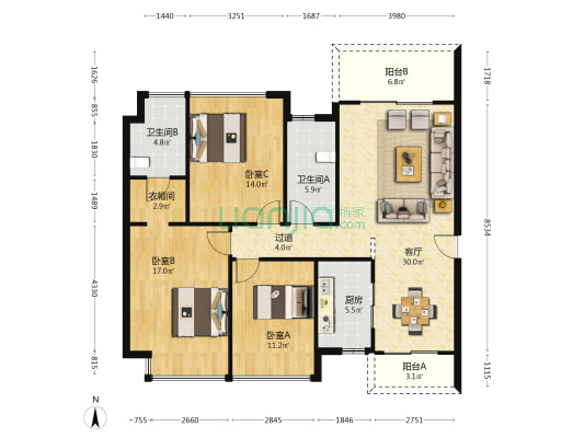 滨海丽景二期 3室1厅2卫 127平方