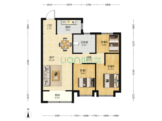 汉光悦府 3室1厅1卫 110平方