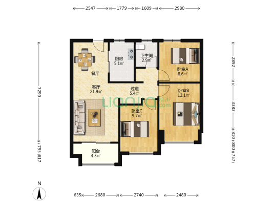 万科大都会锦悦苑 3室1厅1卫 95平方