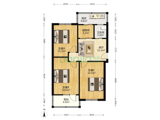 遄台北区 3室1厅1卫 82平方