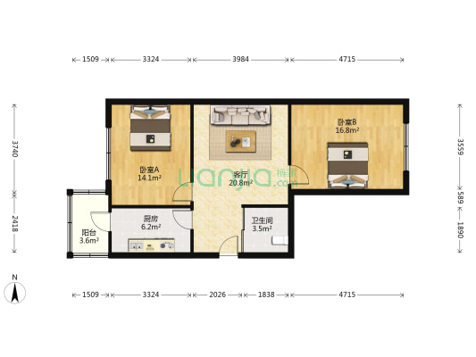 中山小区 2室1厅1卫 90平方