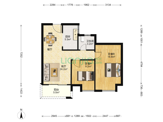 开源珑城 2室1厅1卫 90平方