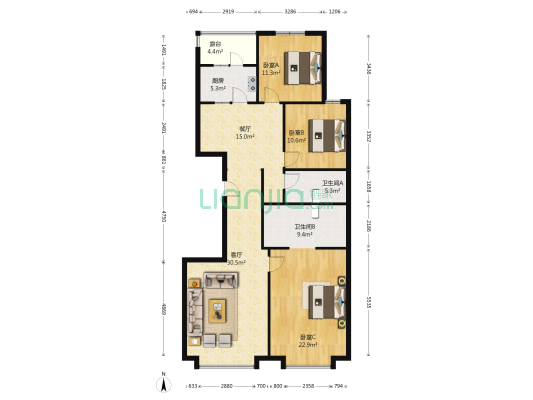 新五一广场2区 3室2厅2卫 153平方