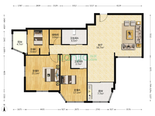 泰安大厦 3室1厅2卫 168平方