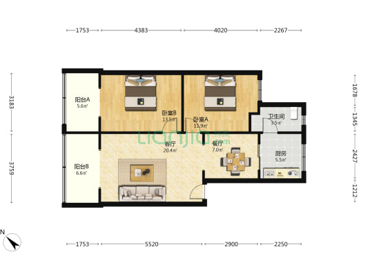 成都电业局宿舍 2室2厅1卫 85平方