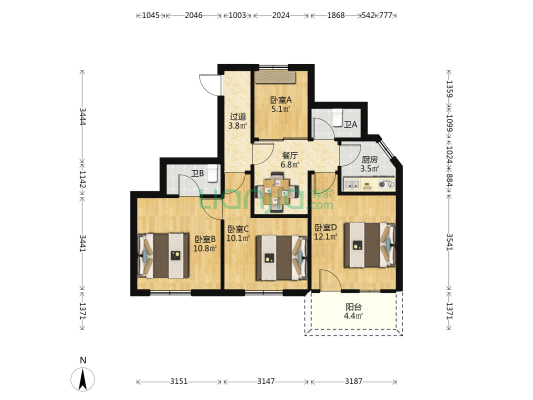 社科院宿舍 4室1厅2卫 82平方