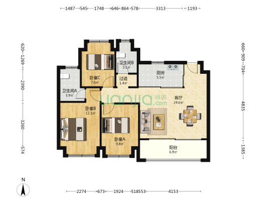 云湖漫城 3室1厅2卫 98平方