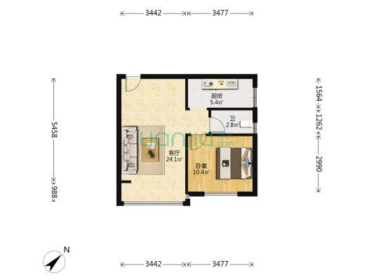 绿韵丽都A区 1室1厅1卫 53平方